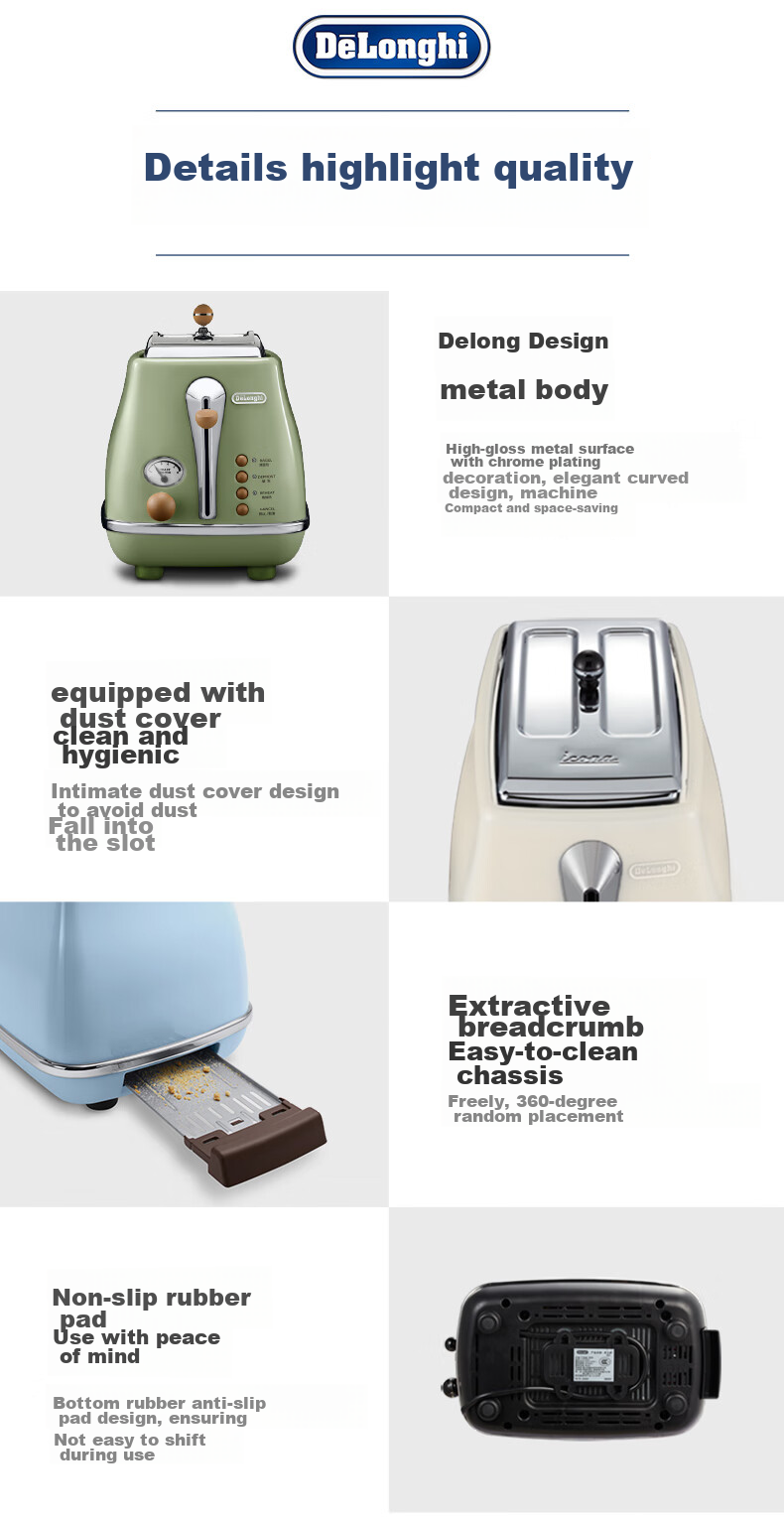 Delonghi Bread Maker, Retro Home Small Toast Maker, Bread Slicer, Heats And Defrosts Sandwiches, Breakfast Toaster, CTO2003.VGR, Olive Green, Gift 14