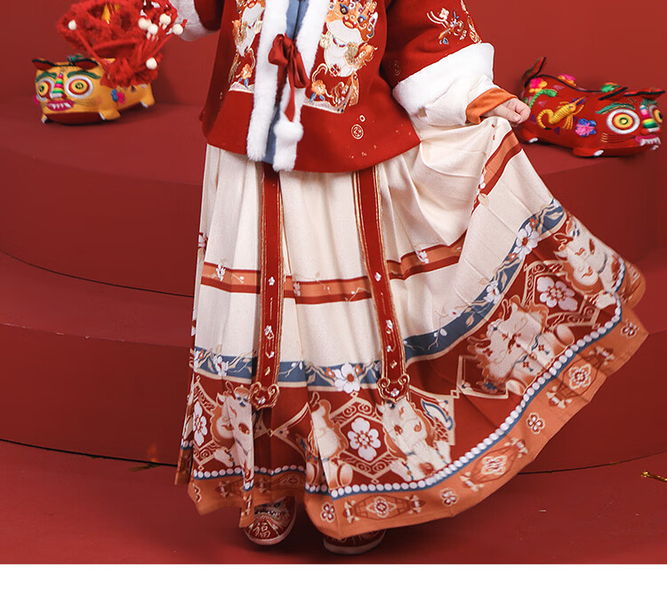 Qibo Girls' New Year Outfit, Winter Hanfu for Children, 2026 New Style Ming Dynasty Horse-Face Skirt, New Year Greeting Costume, Little God of Wealth, Size 150 10