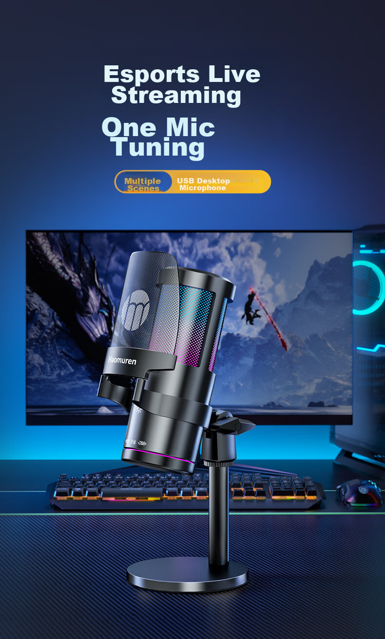 Haomuren Computer Microphone, Gaming And E-Sports Dedicated, Noise-Cancelling Condenser, Karaoke Recording, Professional Sound Card, Live Streaming Host Equipment, Microphone for Desktop, Suspended Arm Stand, Desktop And Mobile USB Wired 4