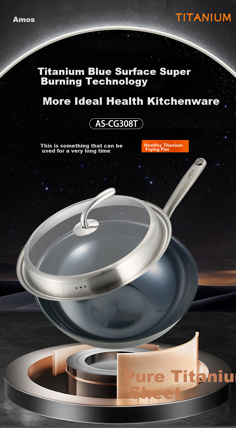 Amos Pure Titanium Wok with Lid, 32cm, Low Smoke, Healthy, 100% Pure Titanium Plate Material, Compatible with All Stoves, AS-CG308T 2