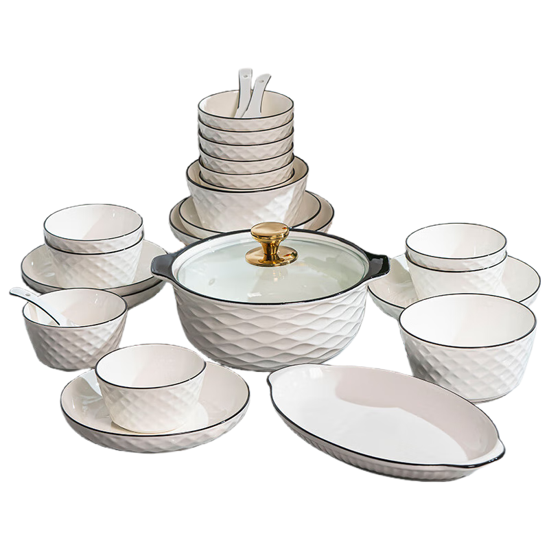Haoya Underglaze Ceramic Tableware, Nordic Style Bowl And Plate Set with Spoons And Chopsticks, Complete Gift Set, 68-Piece Diamond Black Line Desig