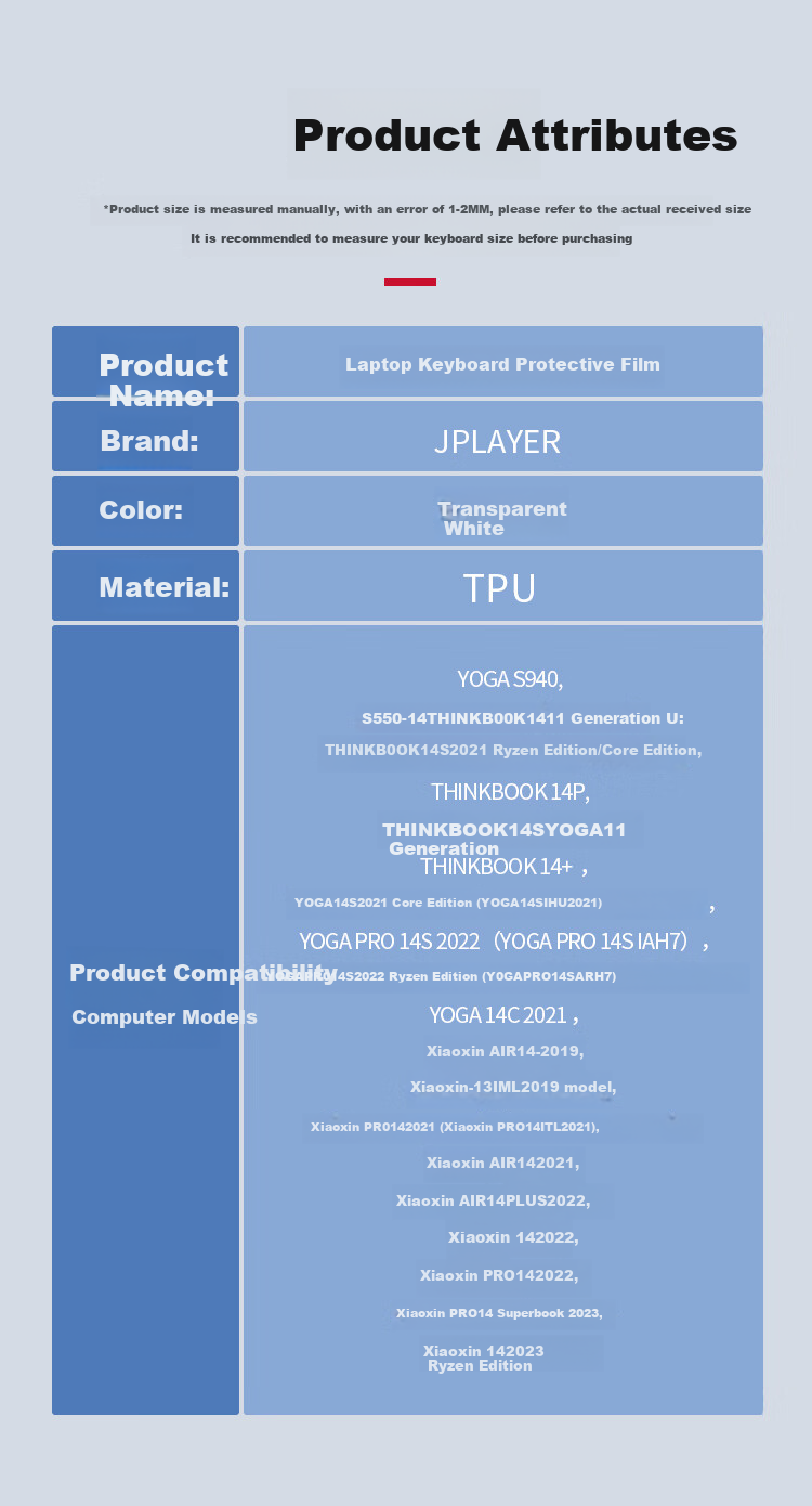 JPLAYER Keyboard Cover for Lenovo Xiaoxin 14/Air14/Ryzen Edition, 2024-23 Model, Laptop Protective Film, Invisible Waterproof Dustproof TPU 1
