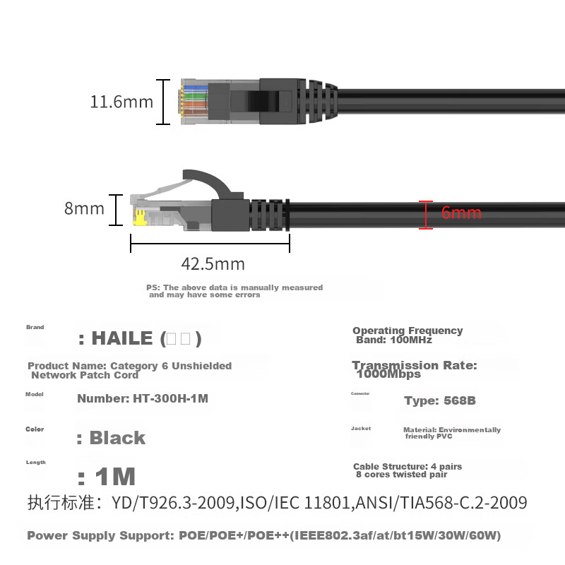 HAILE, Category 6 Pure Copper Network Cable, Network Patch Cord HT-300H 8-Core Oxygen-Free Copper Core, Unshielded Cable, Black, 1 Meter 8