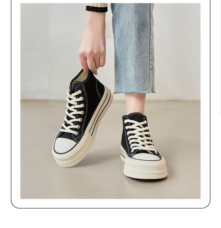 ZHR Canvas Shoes for Women, Classic Thick-Soled High-Top Casual Shoes, Lightweight Breathable Round-Toe Women's Shoes, CS32, Black, Size 37 8