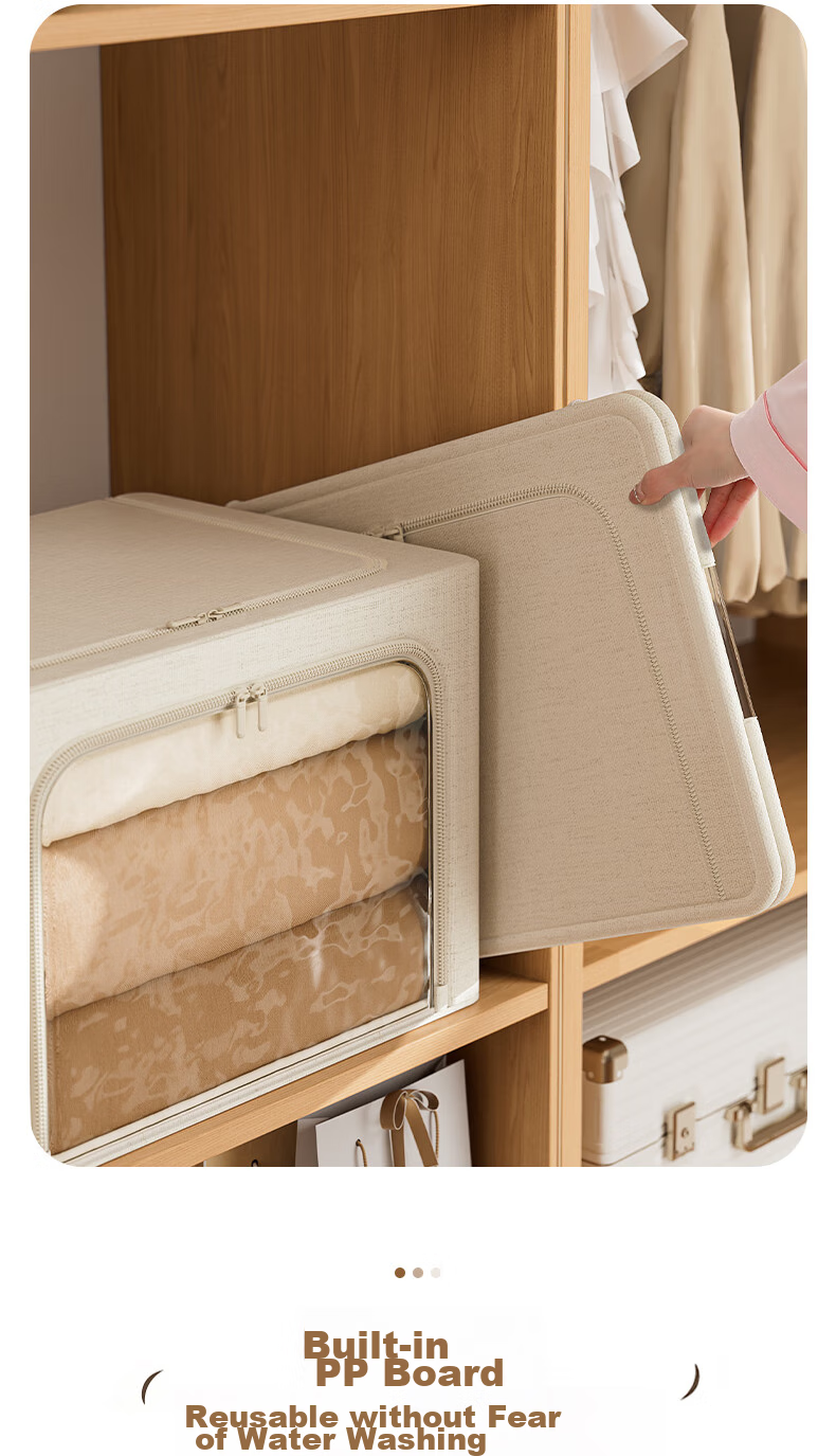 Bangnimeijia Tianshan Cotton And Linen Antibacterial Clothing Storage Box, Foldable Wardrobe Organizer for Clothes And Quilts, Cream Color, 66L 11