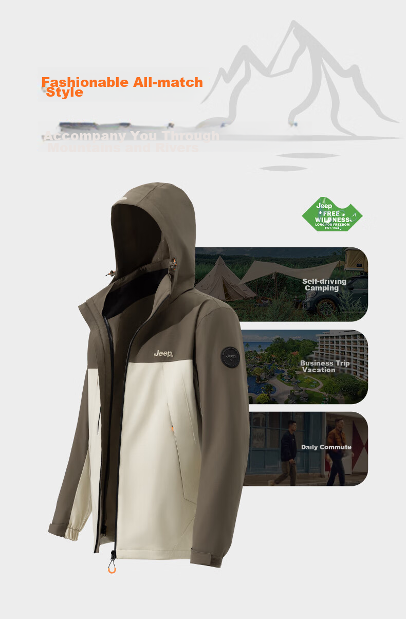JEEP Windbreaker Jacket for Men And Women, Autumn And Winter Outdoor Three-In Windproof And Warm Mountaineering Coat, Vintage White, 3XL 6