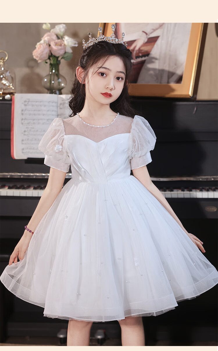 LUOBOBEIBEI Girls' Formal Dress, Children's Birthday Princess Dress, Flower Girl Wedding Dress, Host Piano New Year Costume, White Dress, Size 150 13