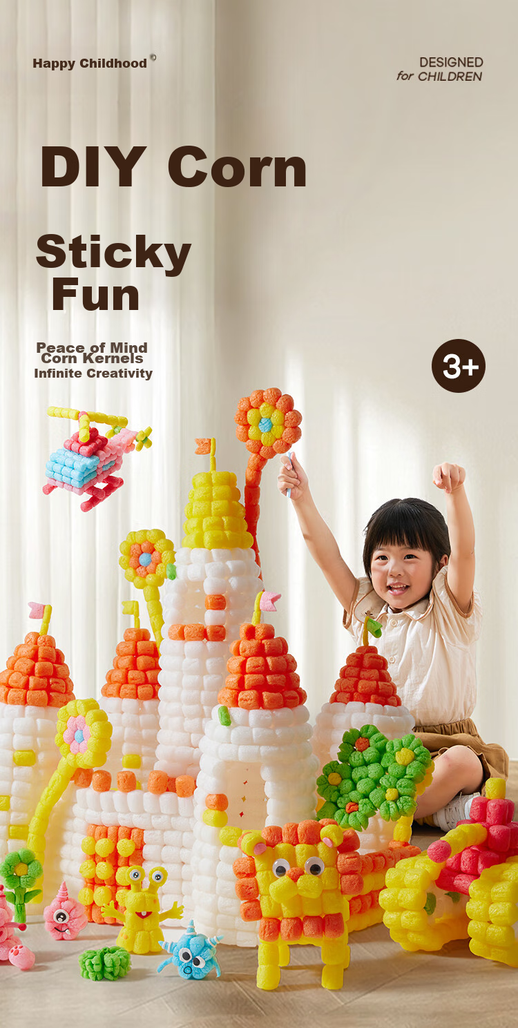 Meiletongnian Corn Building Blocks DIY Craft Kit with Colored Corn Kernels, Kindergarten Clay Foam Toys, Birthday Gift for Children Aged 3-6 1
