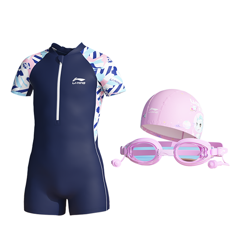 LI-NING Kids Girls One-Piece Surfing Swimsuit Quick-Dry Sun Protection Training Swimwear with Goggles and Swim Cap Set 721 Navy Blue Size 150