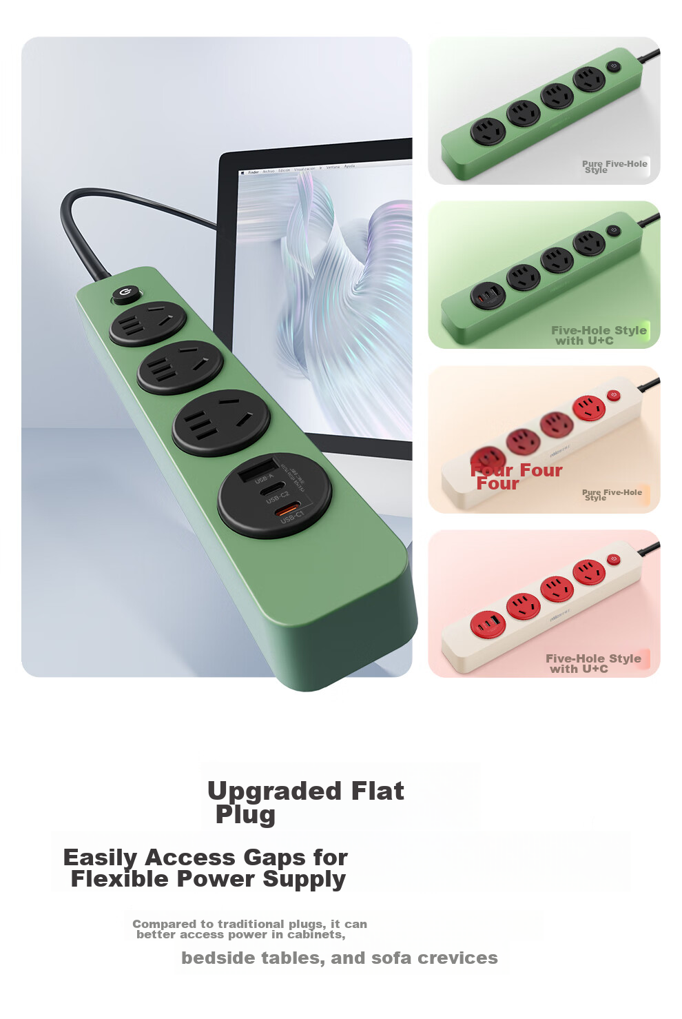 NVCleishidiangong EP3411B, 4-Outlet Master Control Power Strip, Overload Protection, Short Circuit Protection, 850° Flame Retardant, Dormitory Use, Retro Style, 1.8 Meters, Pink, Honey Color 13