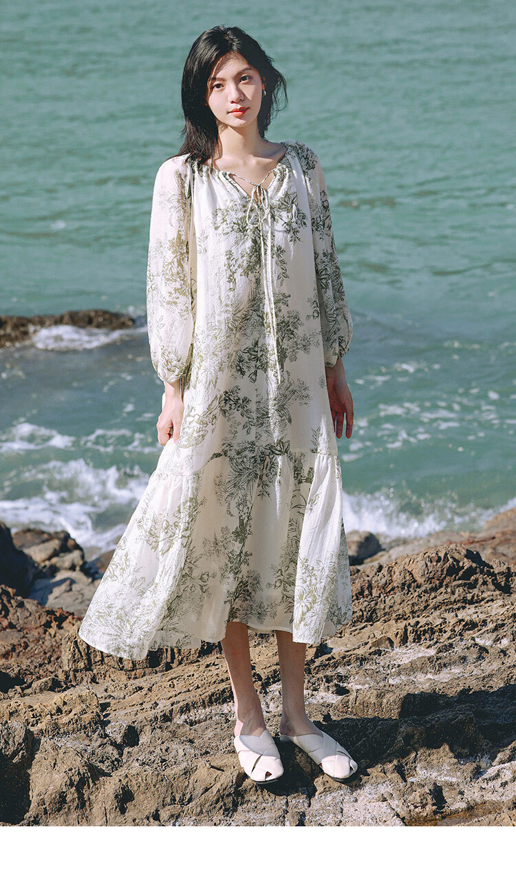 Dme Elegant Floral Print Long Dress, Artistic Ink Painting Design, Slimming One-Piece Dress, Floral Print, Size S 12