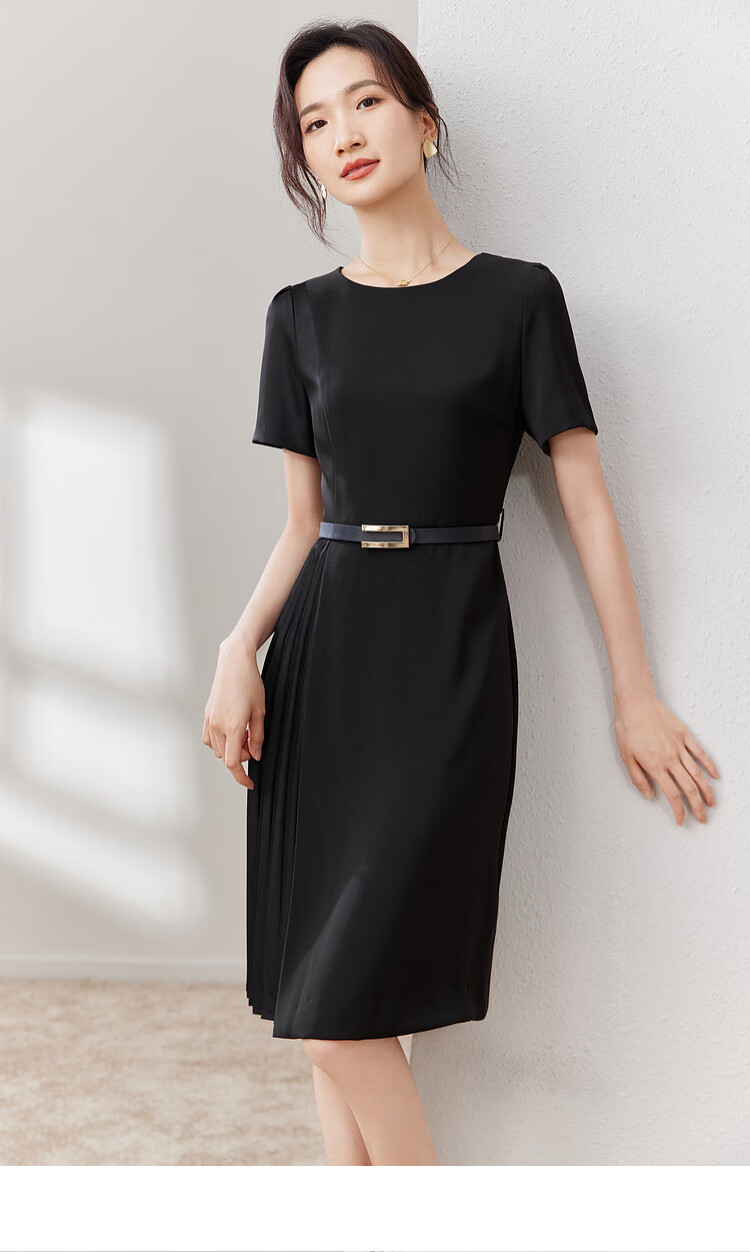 Sentubila Design-Inspired Patchwork Dress, Summer Elegant Pleated Skirt for Petite Figures, Apricot Color, Size S 17