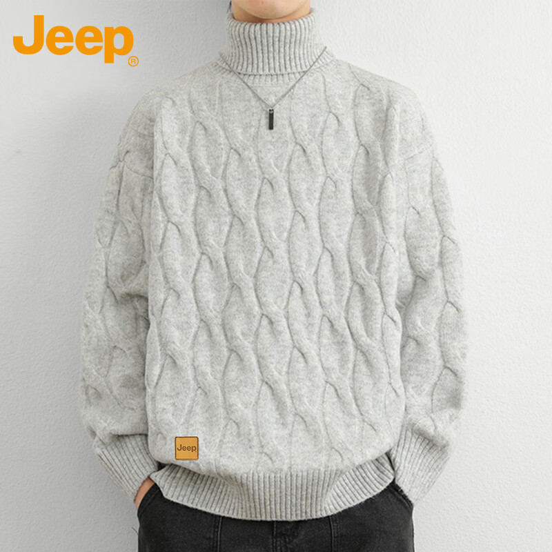 JEEP Men's Winter Thickened Sweater, Loose Knitwear, Light Gray, 3XL