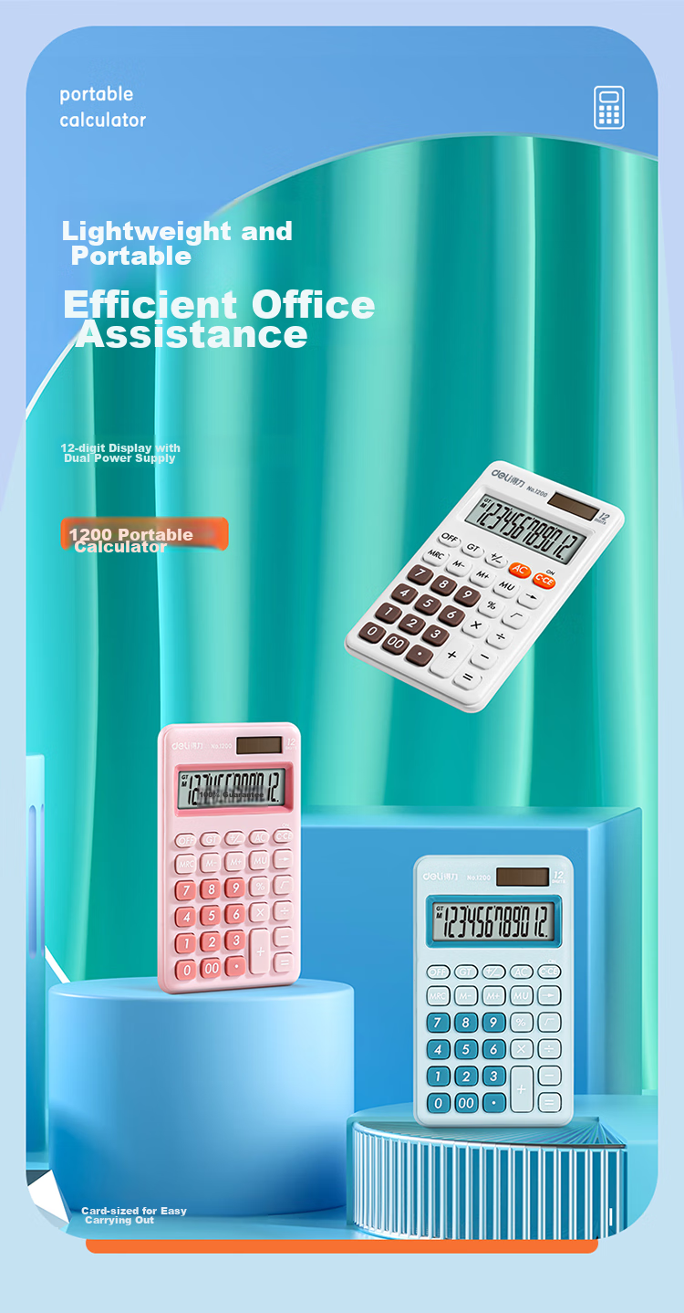 Deli Dual Power Portable Stylish Calculator, Slim Body with Silicone Buttons, Cute Desktop Calculator for Children And Students in Fourth Grade, Learning Supplies, Light Blue 1200 1