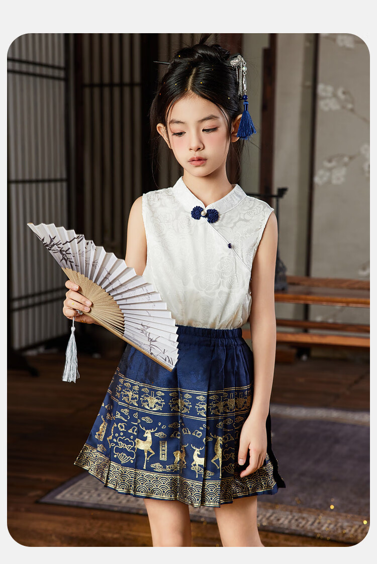 ASK JUNIOR Girls' Summer Outfit Set for Older Children, Sleeveless T-Shirt, Chinese-Style Horse-Face Skirt, Preppy Style Sportswear Set 8