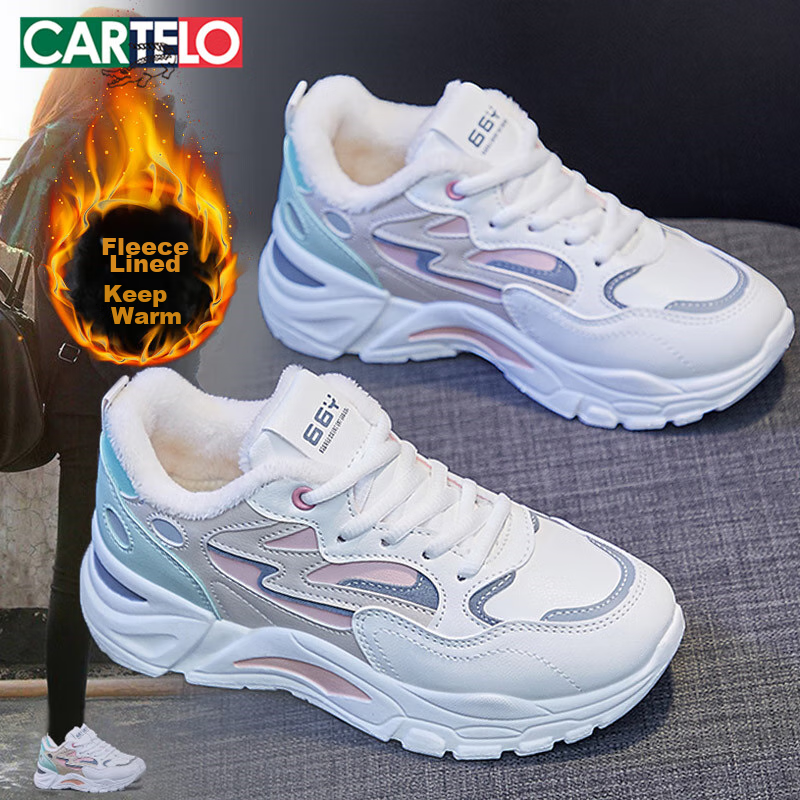 CARTELO Women's Dad Shoes, Winter Warm Casual Cotton Shoes, Fleece-Lined Sneakers, Running Shoes for Women, 1102M White And Blue, Size 38