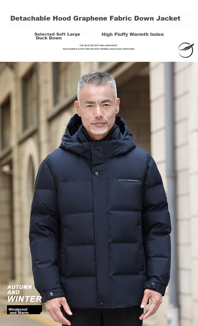 Yalu down Jacket for Men, Winter Warmth, Duck Down, Detachable Hood, Middle-Aged And Elderly Dad Style, Men's Short Coat, Outerwear 1