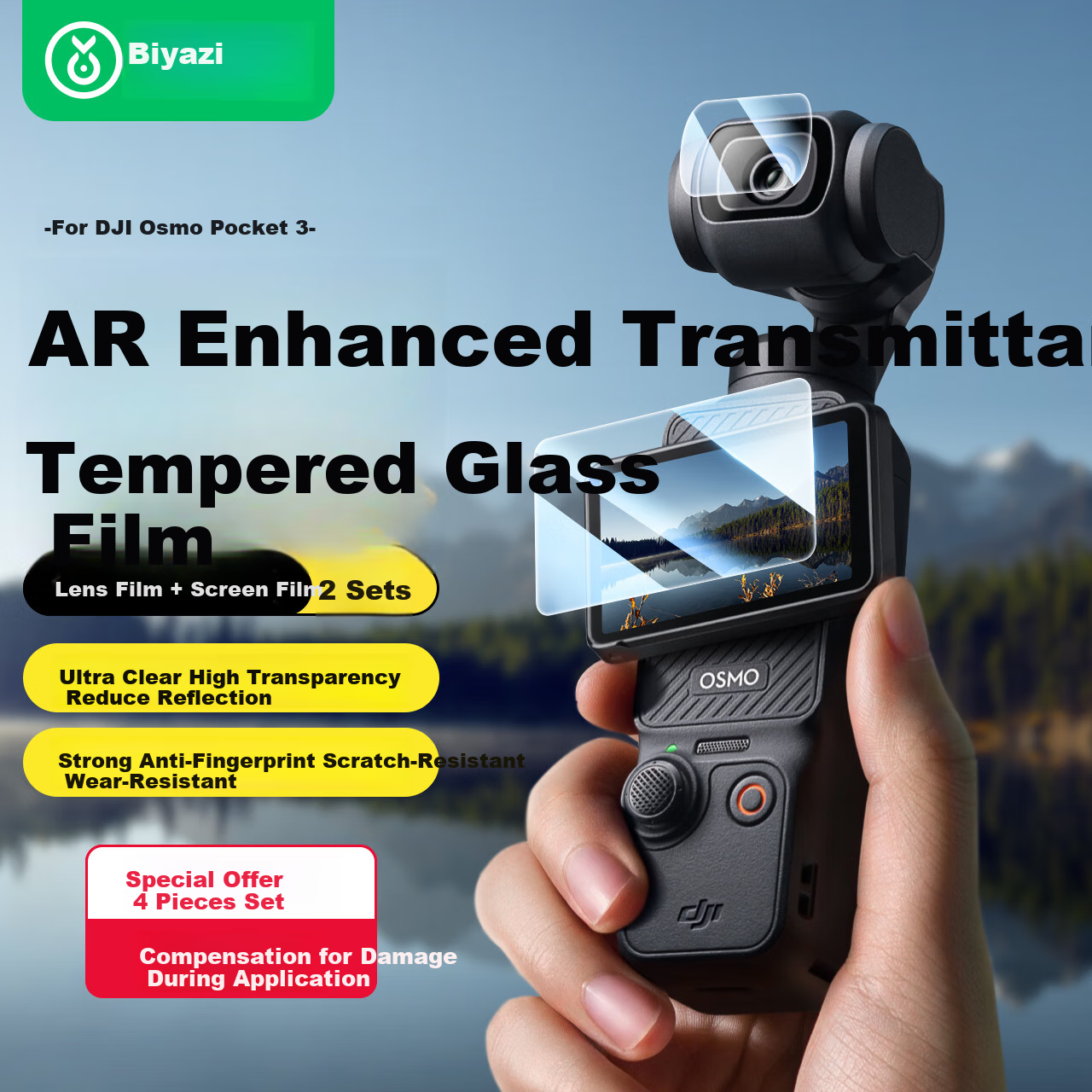 BIAZE [AR Улучшенная Прозрачность] Защитная пленка для экрана DJI Pocket 3, антицарапающая защитная пленка для объектива и экрана камеры, высококачественное закаленное стекло для экшн-камер, комплект аксессуаров 4 шт.