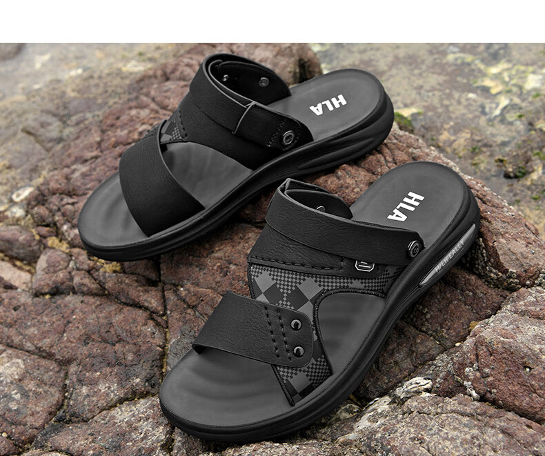 HLA Men's Sandals Comfortable Breathable Beach Shoes Dual-Purpose Slippers T029 Black Size 40 8
