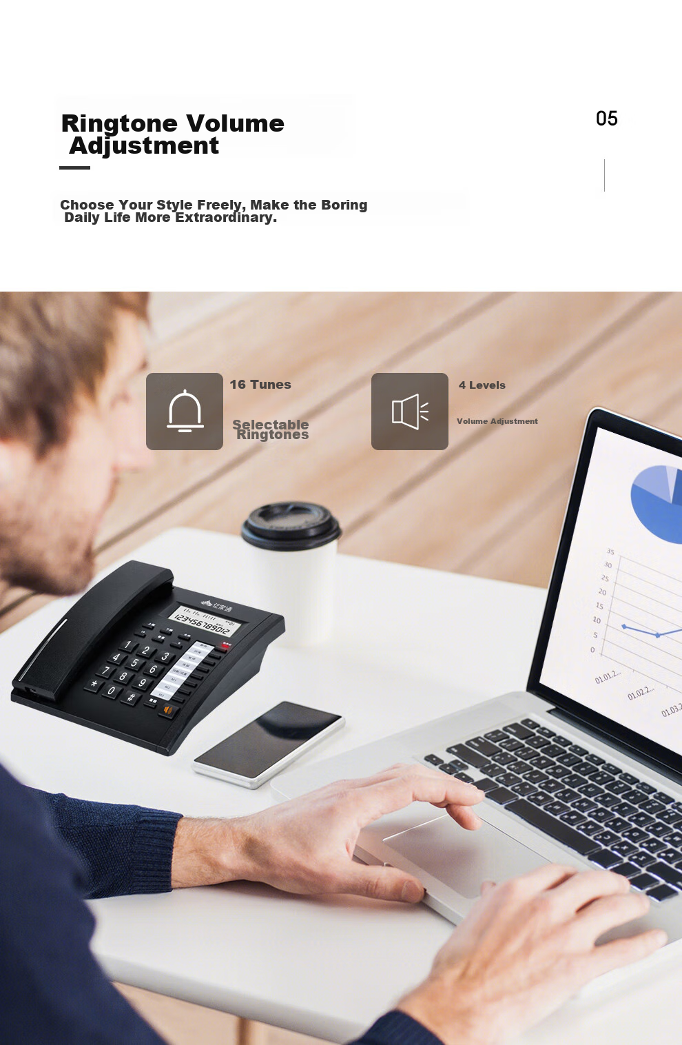 Yijiatong Office Telephone T79 Pro, Home Landline Phone, Stylish Business Office Caller ID, Office/Home/Business, Black Dual Interface 9
