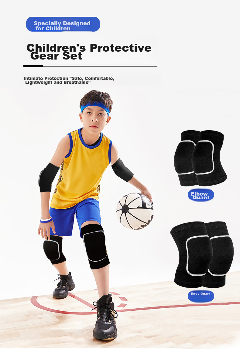 Chidong Children's Knee And Elbow Pads Set, Kids Basketball Thick Foam Dance Anti-Collision Kneeling Knee Protectors, Black, 4 Pieces, Size M 1