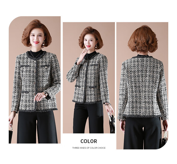 QianLian Mom's Spring Short Jacket, Middle-Aged Women's Chanel-Style Long-Sleeve Top, Middle-Aged And Elderly Spring And Autumn Casual Low-Heel Blazer 5