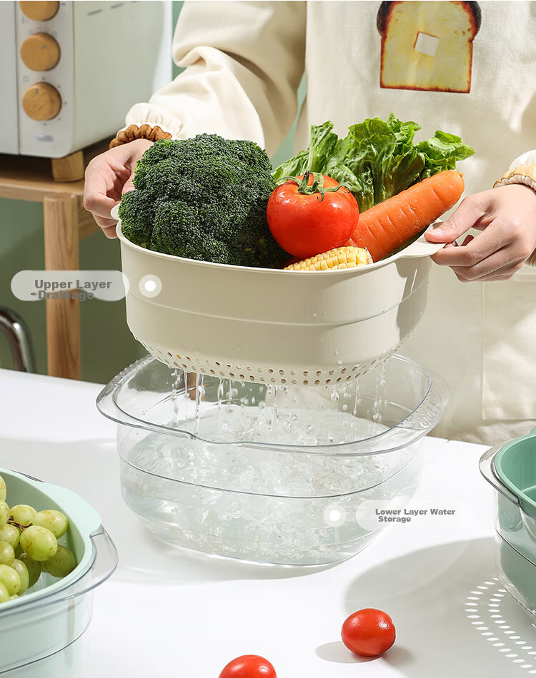MAXCOOK Vegetable Washing Basket Draining Basket Plastic Double-Layer Vegetable Washing Basin Colander Strainer Basket 1 Basin 1 Strainer Dahong MCPJ3972 4