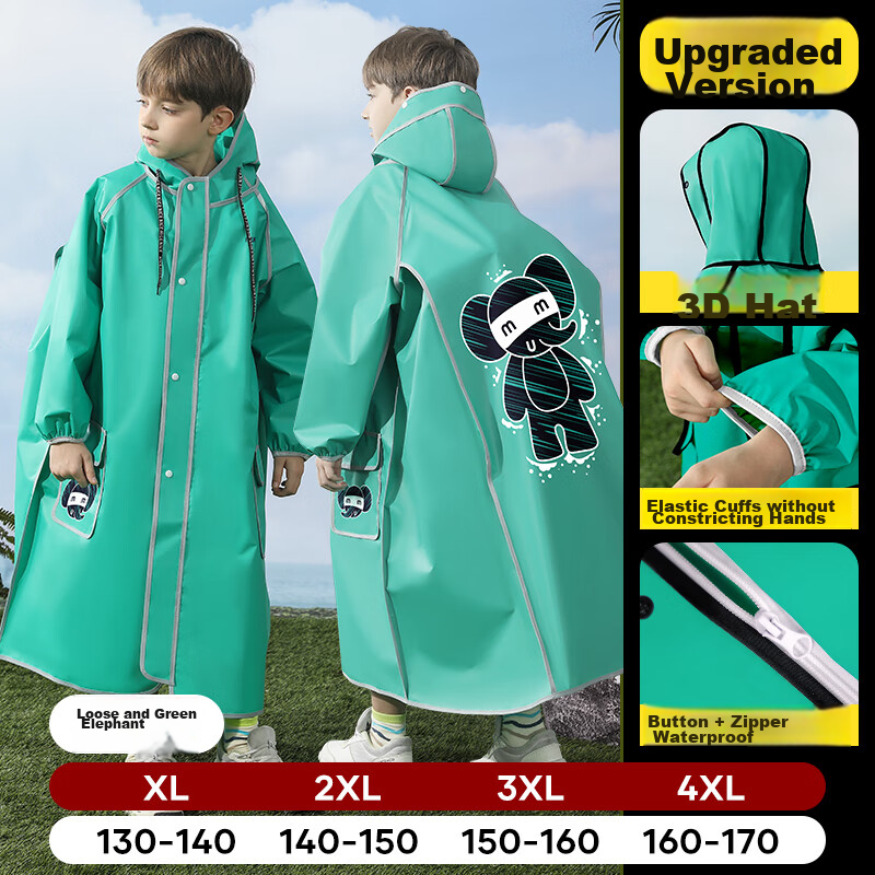 Moremerry Children's Raincoat for Boys And Girls with Backpack Space, Full-Body Waterproof Poncho for School-Age Kids, Pine Green Elephant Pattern, XL Size