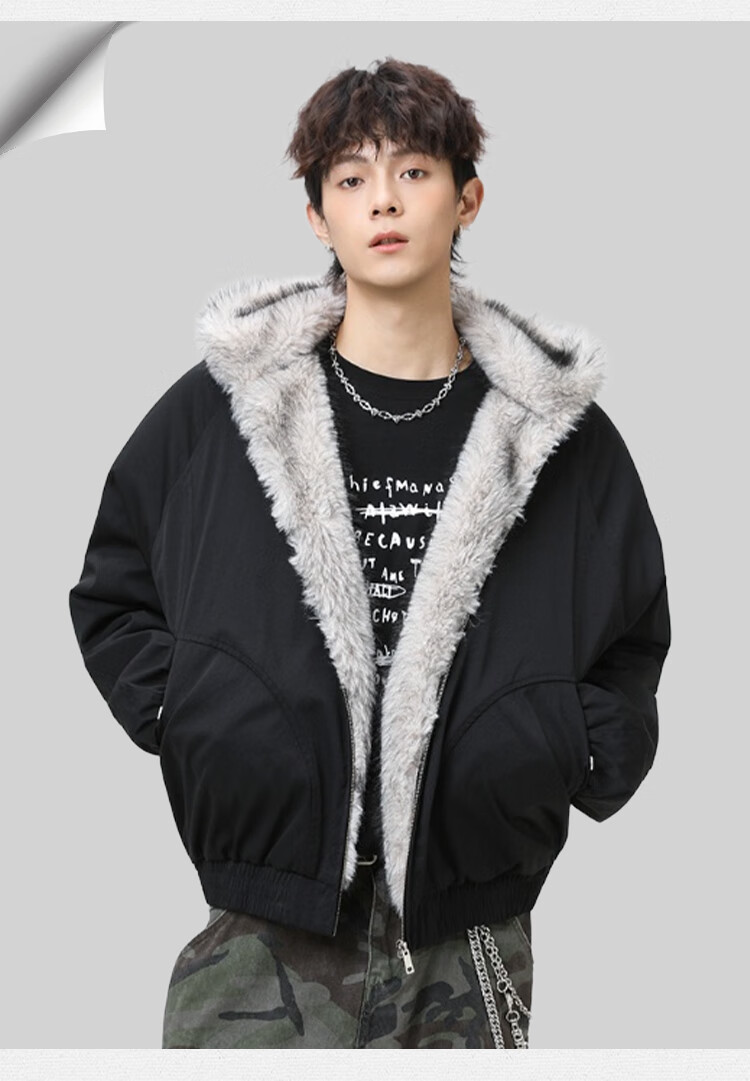 Homlean Heavyweight Fur Collar Hooded Eagle Cotton Jacket Unisex Winter Fleece Warm Couple Coat HY98 Khaki L 2