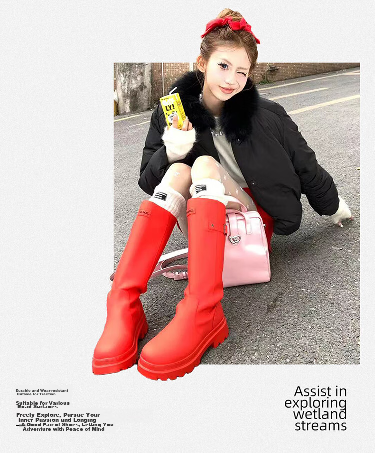 CAMEL Red Combat Boots, Stylish Rain Boots, Outdoor Shoes for Women, Water-Friendly Shoes, Waterproof Non-Slip Tall Boots 3008A 6