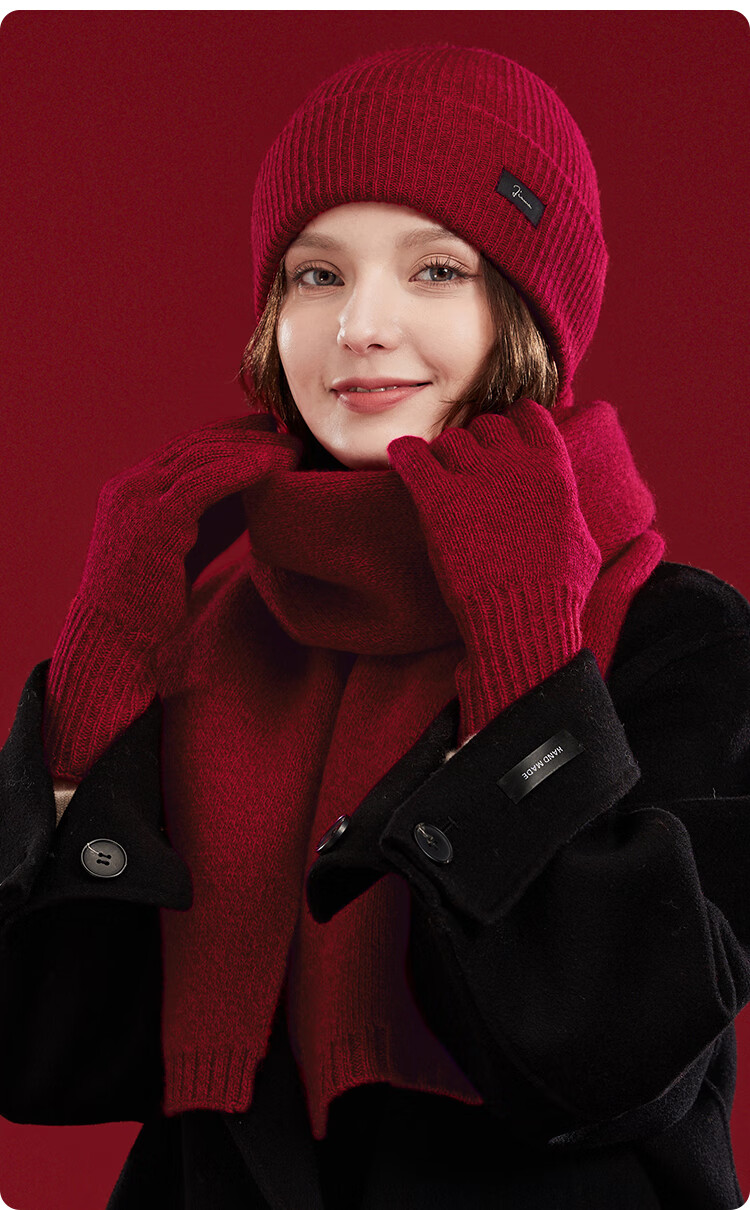 JIUMU Pure Wool Warm Scarf, Hat And Gloves Three-Piece Set for Women, Winter Birthday New Year Gift for Girls, Gift Box Packaging 10