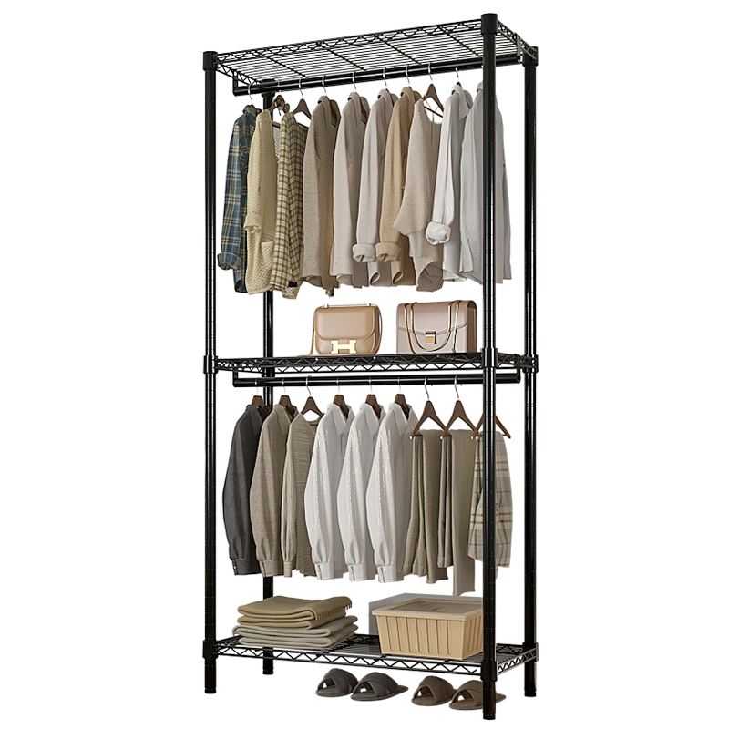 Chuanjing Floor-Standing Clothes Rack, Bedroom Metal Wardrobe Steel Frame, Double-Layer Home Coat Closet Combination Rack, Steel Shelf-Style Wardrobe