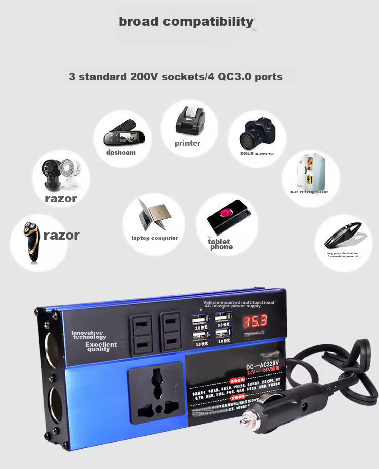 Beiteng Car Power Inverter Converter, Blue High-Power, Converts to 220V, Includes 4 USB Ports, 3 Socket Outlets, And 2 Cigarette Lighters 4