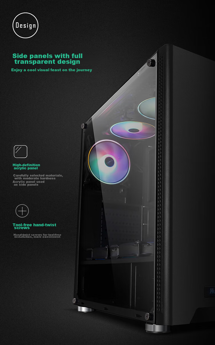Huntkey GS500C Black Case (Side Panel Window/ATX Motherboard Support/Wide Gaming PC Case/Long Graphics Card Support/Black Cable Management/Gold-Stamped Feet) 9