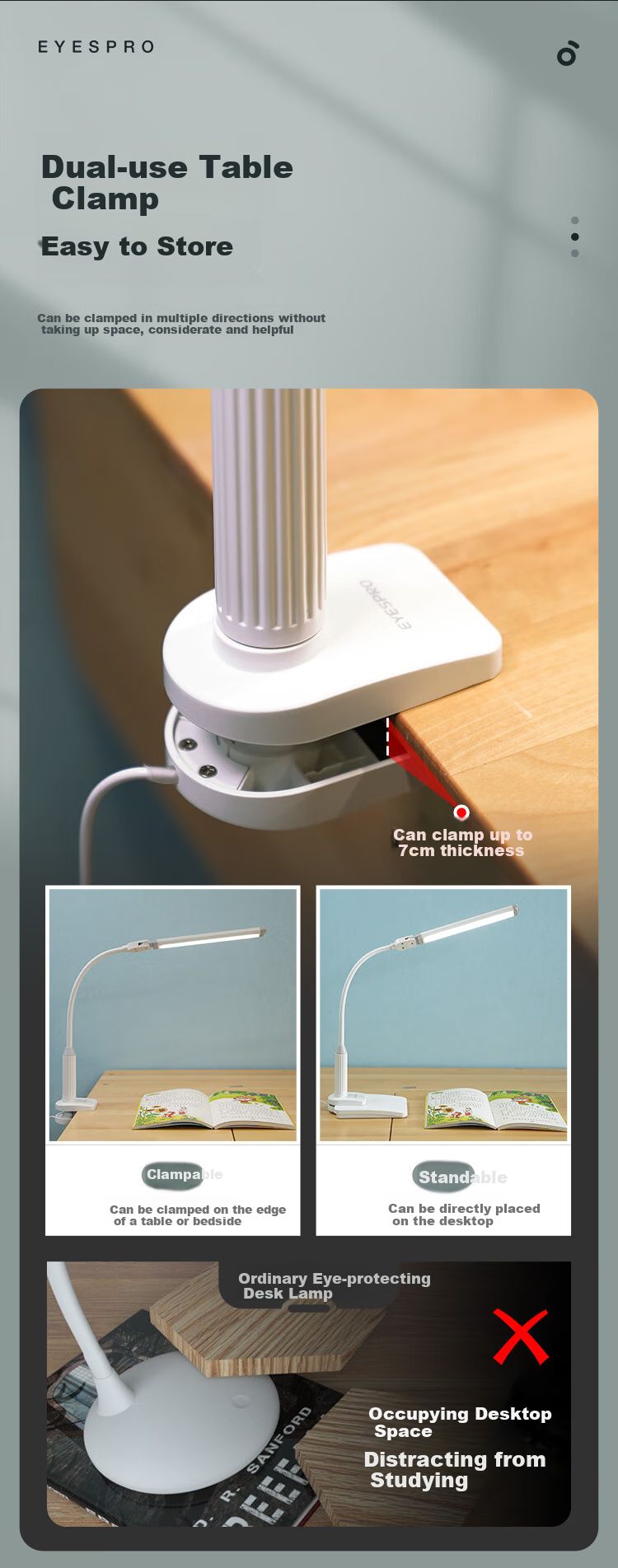 Haishibao Clip-On Desk Lamp Eye Protection Light for Bedside Reading, Student Study, Dormitory And Bedroom Use, Adjustable VL821-1 3