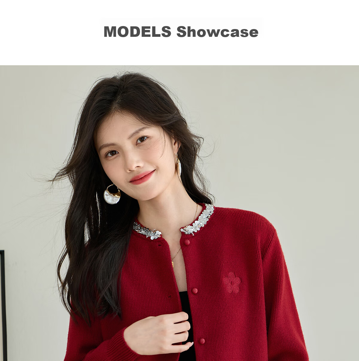 Taxiang Knitted Cardigan for Women, New Year Outfit, Red Sweater Coat with Sequins And Embroidery, Women's Cardigan Top T143Z3012 20