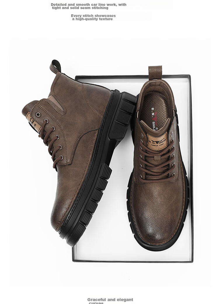 Bull Family Men's Autumn Winter British Style Martin Boots High-top Retro Versatile Work Boots Thick-soled Durable Shoes for Men 18
