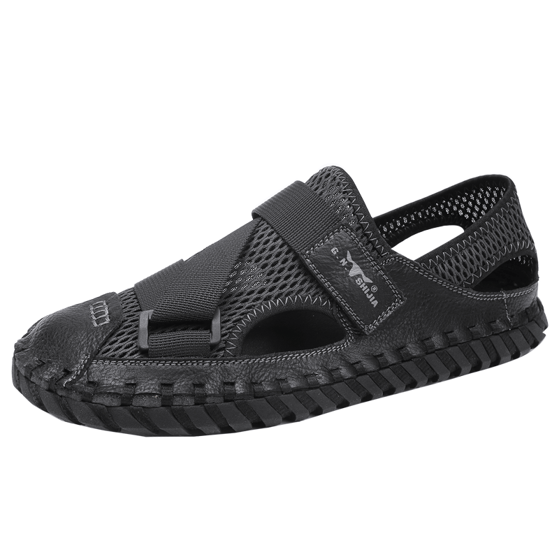 G.N.Shi Jia Men's Sandals, Summer Closed-Toe Beach Shoes, Soft Leather And Sole, Outdoor Casual Trendy Men's Clogs, Black, Size 43
