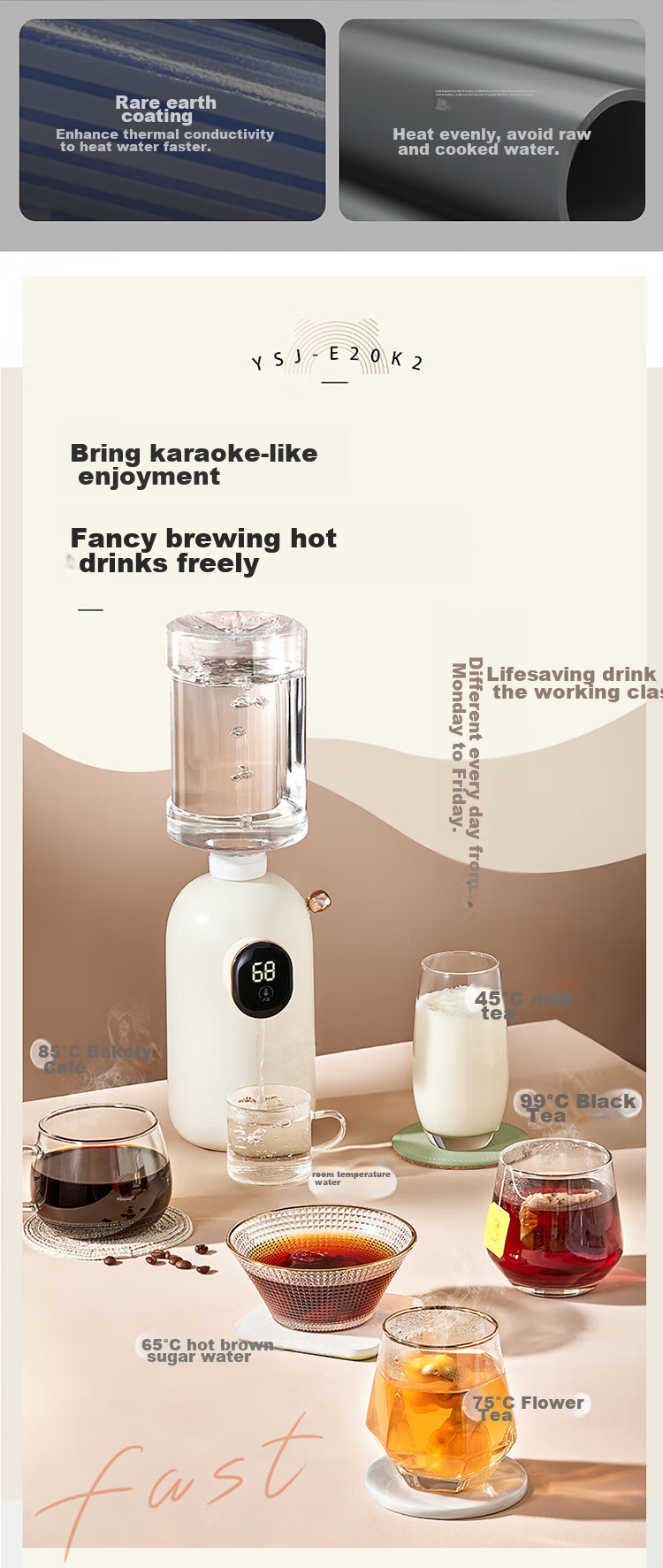 Bear [Mid-Autumn Festival Gift] Instant Hot Water Dispenser, Portable Electric Kettle, Desktop Travel Electric Kettle for Home Use, Small Quick-Heating Milk Maker YSJ-E20K2 7