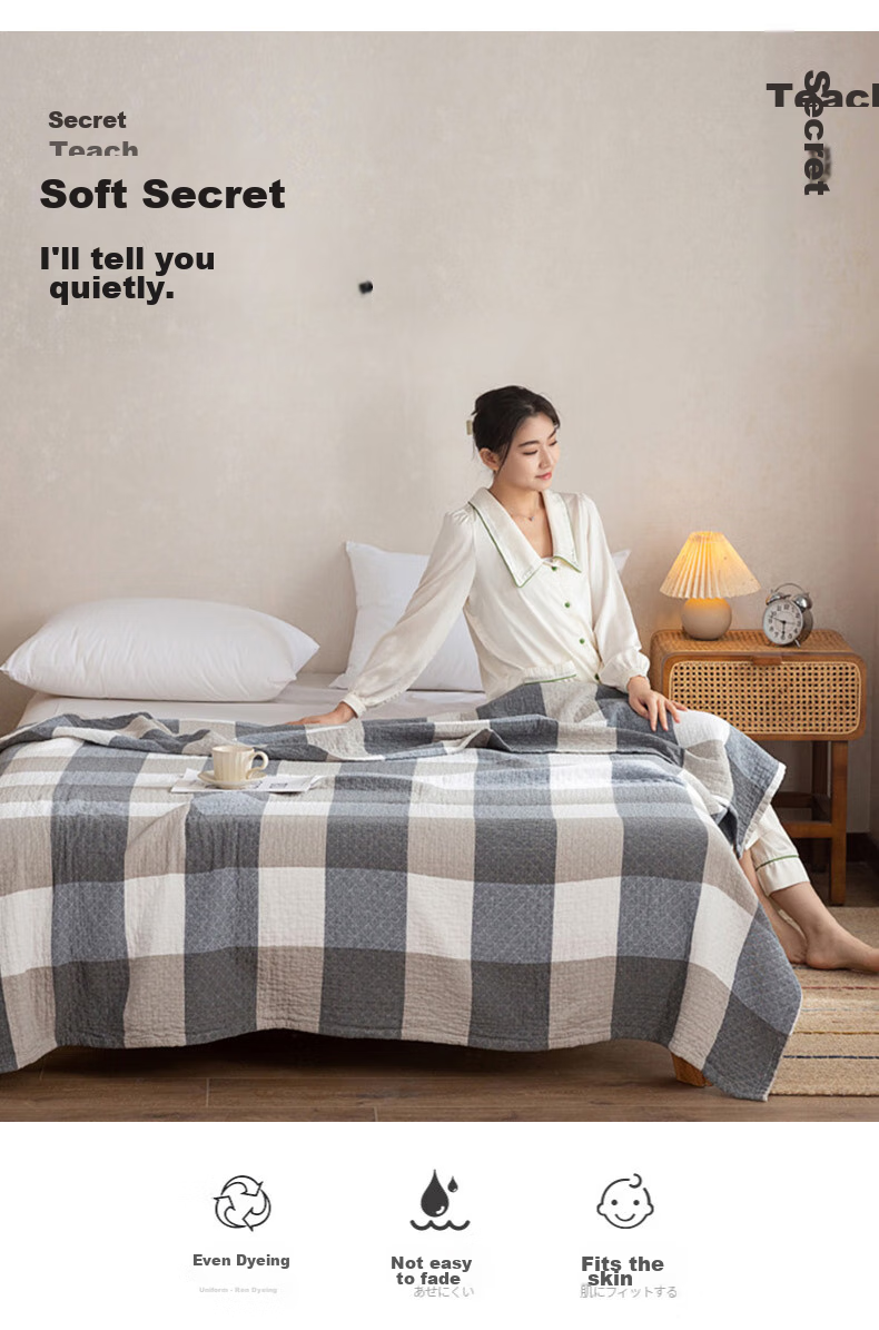 Grace Pure Cotton Class A Antibacterial Towel Blanket Nap Quilt Summer Cool Quilt Air Conditioning Quilt Gauze Blanket, 150*200cm Blue Plaid 10