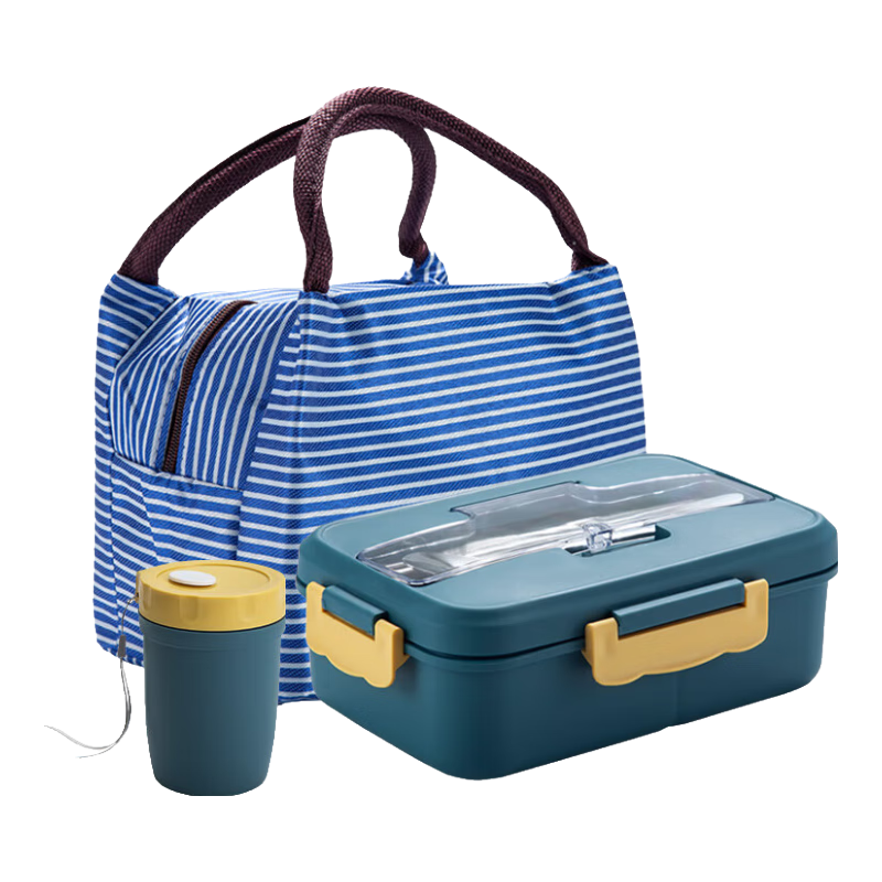 MAXCOOK Microwave Lunch Box Set with Soup Cups, 3 Compartments Student Lunch Box Plastic Soup Bowl 1200ml Deep Blue MCFT8693