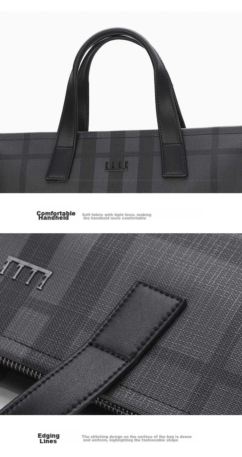 ELLE HOMME Men's Briefcase, Fashionable Striped Contrasting Color Handbag, Large Capacity PVC with Leather Shoulder Crossbody Bag, 14-Inch Laptop Bag EA188211211 Black And Gray 11
