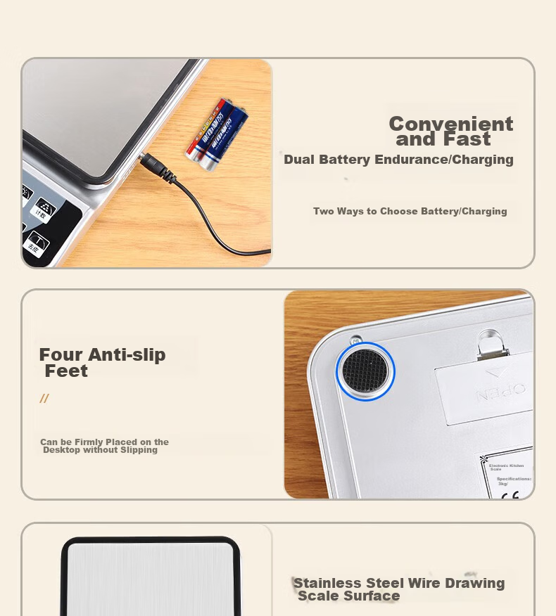 BJ Electronic Kitchen Scale, Stainless Steel Weighing Surface, Baking Scale, Gram Scale, Waterproof Food Scale, 15kg/1g Capacity Scale 15