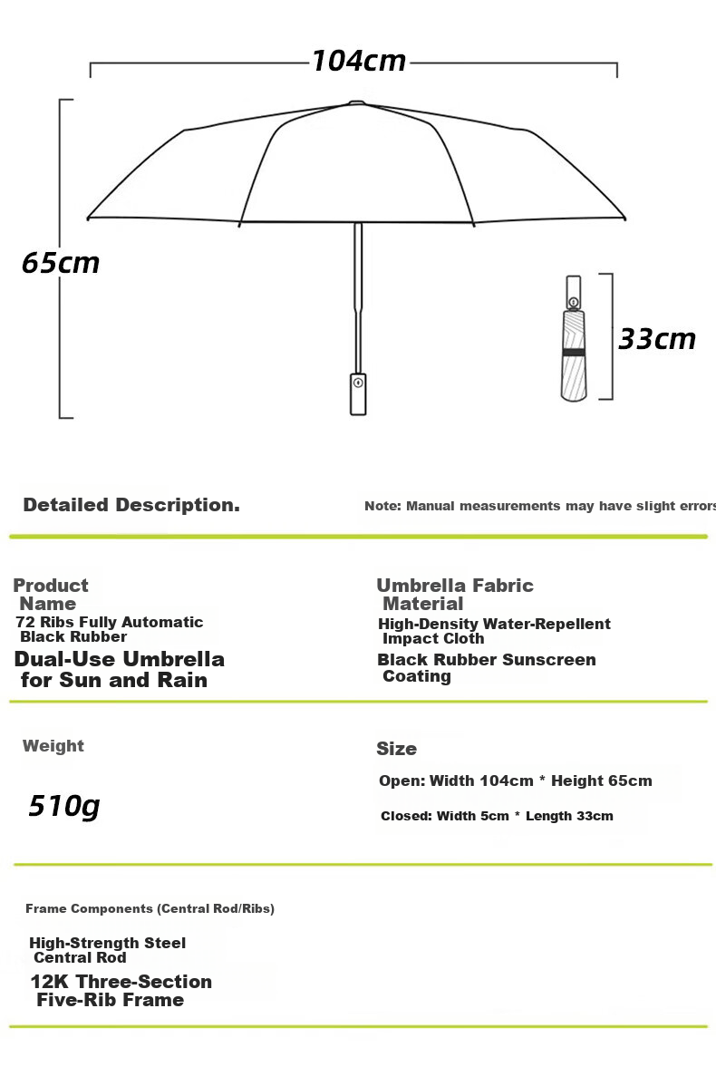 Maoli Fully Automatic Umbrella, One-Touch, Black Gel UPF50+, 72 Ribs Windproof, Reinforced, Radius of Canopy 48-53cm 13