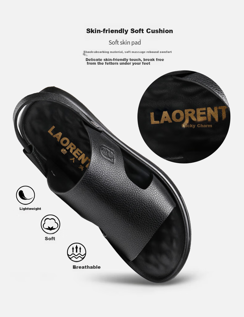LAORENTOU Men's Sandals, Summer Top-Grain Leather Breathable Beach Versatile Casual Shoes Slippers Men's Footwear, 10965 Black 41 8
