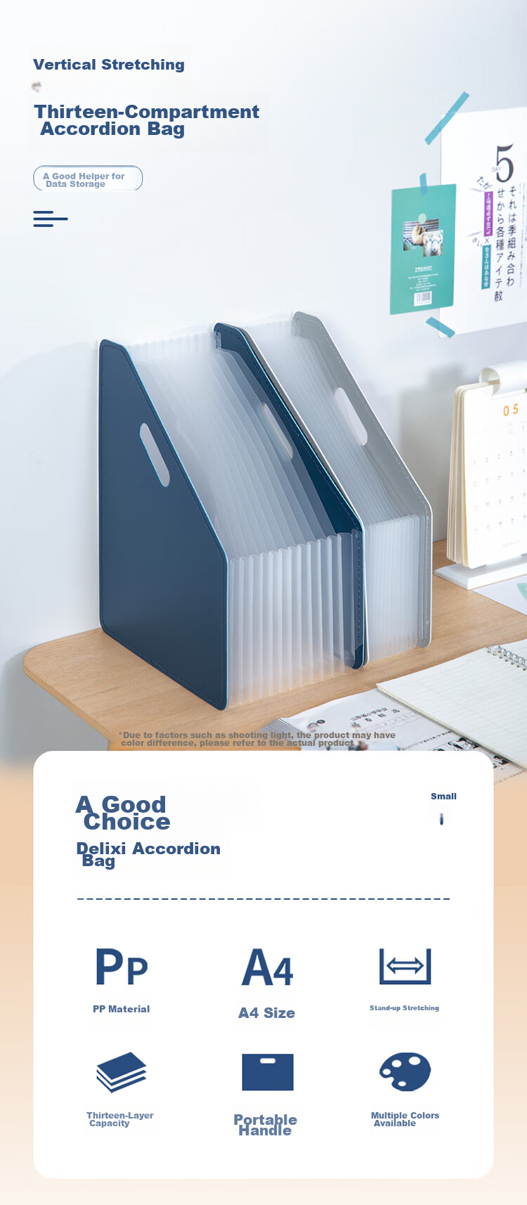 Deli 13-Compartment A4 Vertical Large-Capacity Accordion File Folder, Multi-Layer Extendable Document Organizer, Office File Storage Binder for Papers And Receipts, 63952 Dark Blue 1