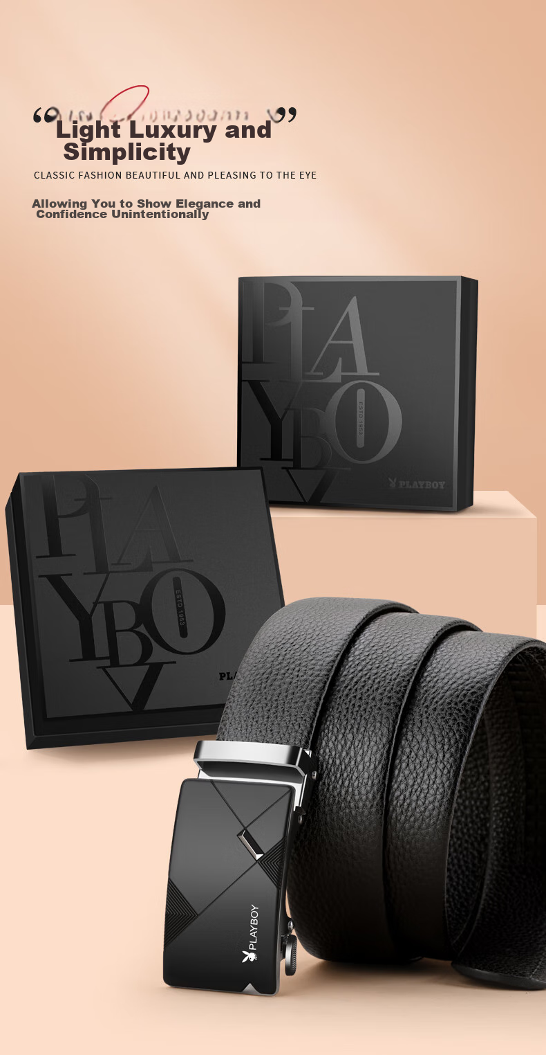 PLAYBOY Men's Belt, Top-Grain Leather, Automatic Buckle, Business Casual, Middle-Aged Trouser Belt, Birthday Gift for Dad Or Husband 6
