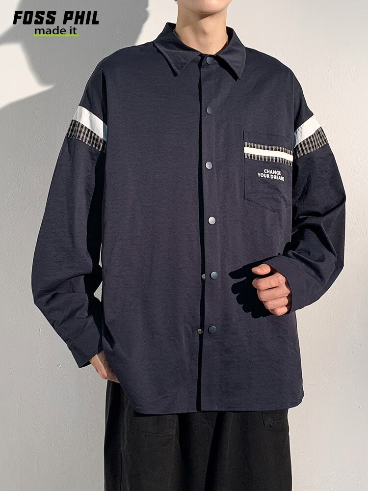 Foss Phil Men's Long-Sleeve Shirt, Spring And Autumn Hong Kong Style Casual Top, Loose-Fitting Jacket, Versatile Men's Shirt CXCS1 Navy Blue M 10