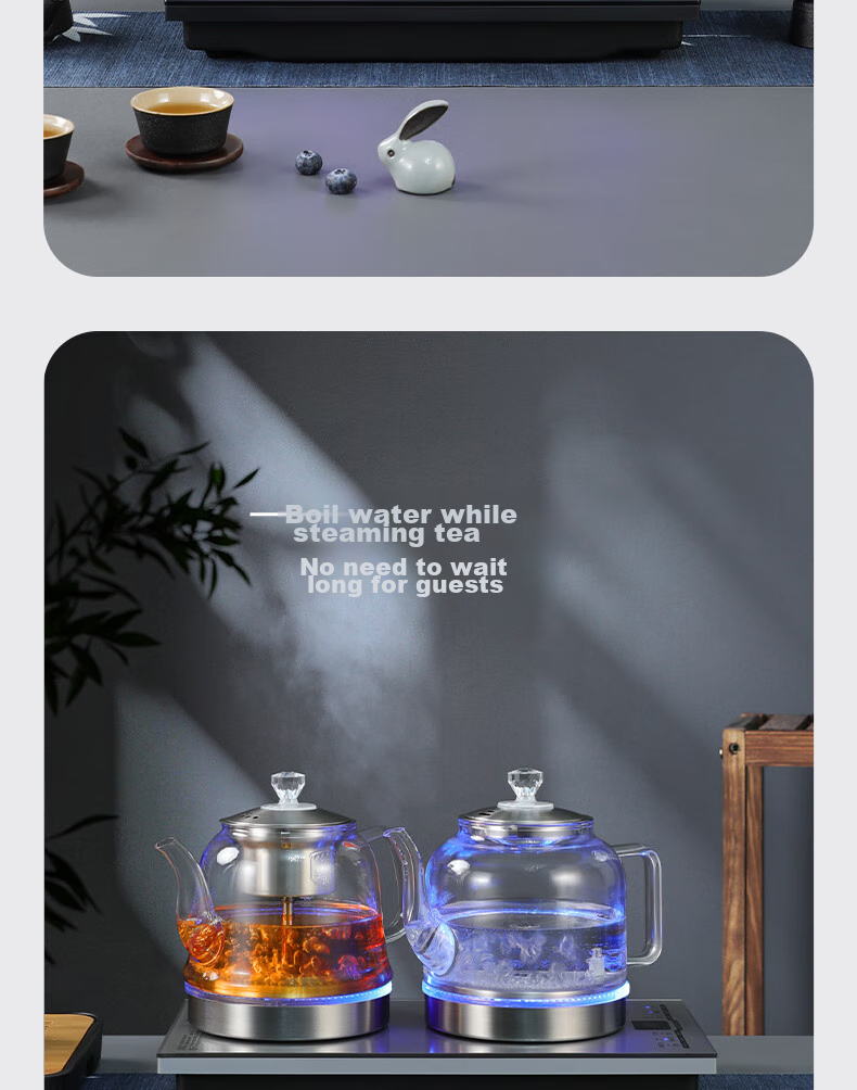 Biooner Fully Automatic Bottom Double Water Inlet Electric Kettle, Glass Water Boiler for Home And Office Use, Integrated Tea Table And Countertop, Built-In Electric Tea Stove, Tea Set Package, Light Luxury Silver Three-I 8