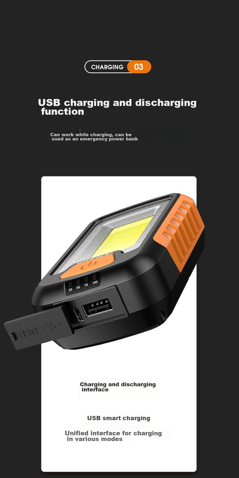 SupFire GJ01 Multifunctional Work Light with Magnet, Emergency Power Outage Car Repair Light, Rechargeable Outdoor Portable Flashlight 7
